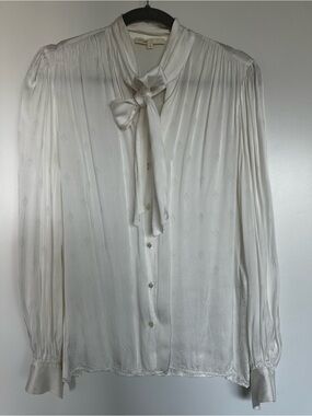 Maje Paris Cream Silk Tie Neck Blouse Pleated Long Sleeve